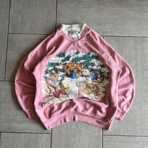 Land'n Sea Vintage Pink Kitten Winter Graphic Sweatshirt Mock Neck XL LS038